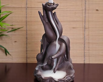Lotus Hand Incense Burner – Ceramic Backflow Waterfall, Zen Home Decor