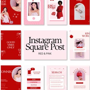 May include: A collection of Instagram square post templates in red and pink. The templates feature various designs, including images of people, text overlays, and graphic elements. The text includes phrases like "Good Vibes Only" and "Tools for Success."