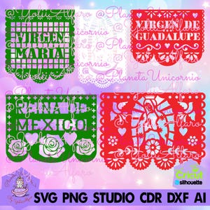 Puede incluir: Cuatro pancartas de papel imprimibles con diseños recortados. Las pancartas son verdes, rojas y blancas. El texto en las pancartas dice "Virgen Maria", "Virgen de Guadalupe", "Reina de Mexico" y "Cricut Silhouette".