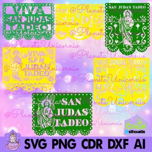 Puede incluir: Cuatro archivos de corte digital para una pancarta de papel con el texto "Viva San Judas Tadeo" en verde y amarillo. La pancarta está decorada con un diseño tradicional de corte de papel mexicano. El texto "@Planeta Unicornio" también está incluido en la pancarta.