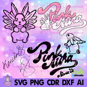 May include: Black and white graphic design of the text "Pink Aura" with two pink bunnies with wings. The text is in a stylized font and the bunnies are in a cartoon style. The background is a light pink and blue gradient with stars and hearts.