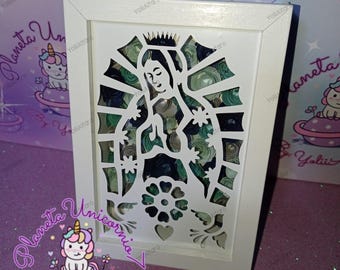 Virgin shadow box, Virgin Mary, Virgin of Guadalupe, Holy Virgin, dark-skinned one. Includes different formats.