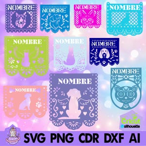 Puede incluir: Un conjunto de diez pancartas de papel de colores con un diseño de corte decorativo. Cada pancarta presenta una silueta diferente de un perro o un gato, con la palabra "NOMBRE" en la parte superior. Las pancartas son perfectas para una fiesta o celebración con temática de mascotas.