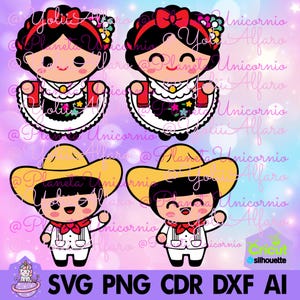 Pode incluir: Quatro ilustrações digitais de crianças vestindo roupas tradicionais mexicanas. Duas meninas usam vestidos vermelhos, brancos e pretos com bordados florais. Dois meninos usam camisas brancas, gravatas vermelhas e sombreros amarelos.