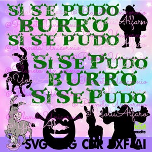 以下が含まれることがあります： SI SE PUDO BURRO SI SE PUDOと書かれた緑色のテキスト、シュレックとドンキーの黒いシルエット、ドンキーの精細なイラスト、シュレックの顔のアイコンが、薄紫と青の背景に配置されたデジタルグラフィックデザイン。