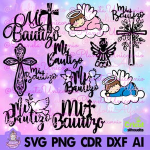 May include: A set of black and white digital cut files for a baptism. The files include a cross, an angel, a sleeping baby, and the text "Mi Bautizo".