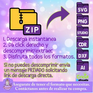 May include: A digital download graphic with a yellow folder icon labeled "ZIP" and a purple arrow. Instructions in Spanish are included, along with file format icons: SVG, PNG, STUDIO, CDR, DXF, and AI. The Cricut Silhouette logo is also present.