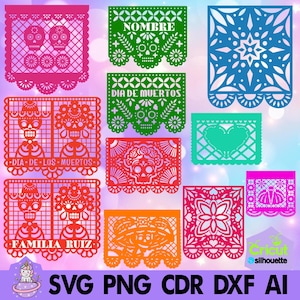 Puede incluir: Una colección de coloridas pancartas de papel recortado en varias formas y diseños. Las pancartas presentan temas del Día de Muertos, incluyendo calaveras, patrones florales y texto en español. La paleta de colores incluye rosa, verde, naranja y azul. La imagen también incluye información sobre el tipo de archivo.