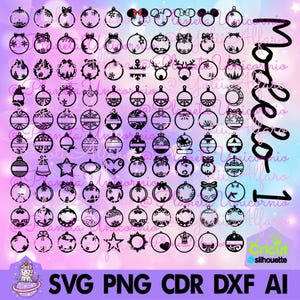 Op de afbeelding: Een verzameling zwarte kerstbalontwerpen, waaronder sneeuwvlokken, strikken en sterren, gerangschikt op een paarse en blauwe gradiënt achtergrond. De afbeelding bevat de tekst "SVG PNG CDR DXF AI" en "Cricut silhouette".