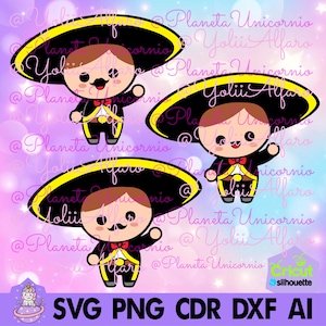 Puede incluir: Tres ilustraciones de dibujos animados de un músico mariachi que lleva un sombrero negro con ribete amarillo, una corbata de moño roja y un atuendo blanco y negro. El músico sostiene una guitarra en una mano y una trompeta en la otra. El fondo es un degradado rosa y morado con estrellas blancas.