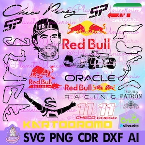 May include: A digital graphic with a purple and pink background features racing-themed elements. Included are the words "Red Bull", a race car, a driver, and the text "Checo Perez". Also included are the words "SVG PNG CDR DXF AI".