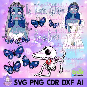 May include: A digital illustration set featuring a blue-skinned bride with a white wedding dress, a skeletal dog, and butterflies. The text "La Novia Cadaver" and "Corpse Bride" are included in the image.