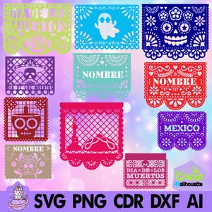 Puede incluir: Una colección de coloridas pancartas de papel picado con varios diseños. Las pancartas presentan temas del Día de Muertos, incluyendo calaveras, fantasmas y patrones florales. Algunas pancartas tienen texto que dice "Dia de los Muertos", "Nombre" y "Mexico".