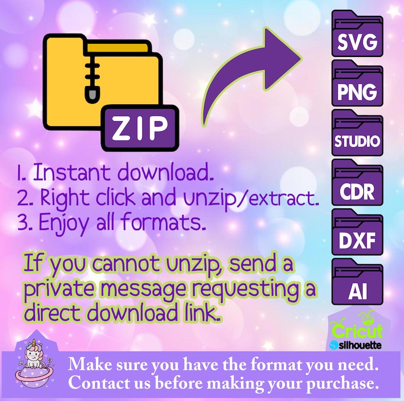 May include: A digital download graphic with a yellow folder icon and a purple ZIP file icon. Instructions include instant download, unzip/extract, and enjoy all formats. File formats include SVG, PNG, STUDIO, CDR, DXF, and AI. The Cricut silhouette logo is also present.