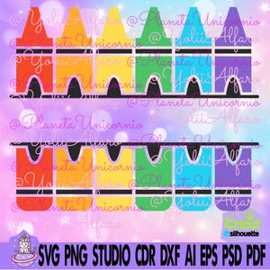 May include: A set of six colorful crayon-shaped cutouts, each with a black outline and a rounded top. The crayons are arranged in a row from left to right, with the colors red, orange, yellow, green, blue, and purple.
