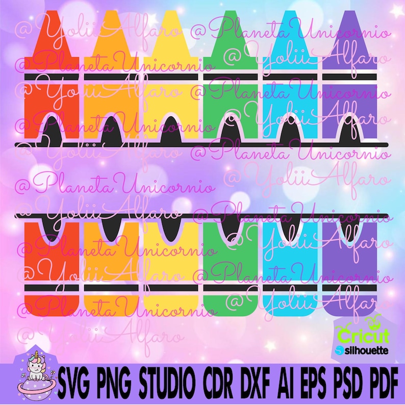 May include: A set of six colorful crayon-shaped cutouts, each with a black outline and a rounded top. The crayons are arranged in a row from left to right, with the colors red, orange, yellow, green, blue, and purple.