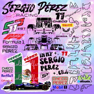 May include: A digital collage of images related to Formula 1 racing driver Sergio Perez. The collage includes a black and white image of a race car, a red, white, and green Mexican flag, and the text "Sergio Perez" in a variety of fonts and styles.