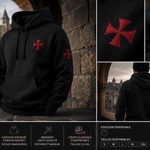 Kapuzenpullover mit Templerkreuz-Stickerei, Mittelalter-Ritter-Sweatshirt, Kapuzenpullover im Carcassonne-Stil, Geschenk für Kreuzfahrer, Historische Gothic-Kleidung
