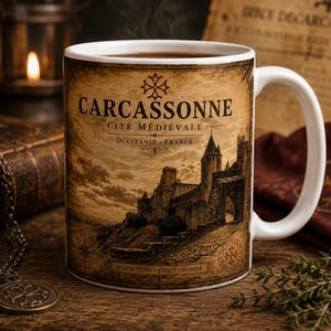Puede incluir: Una taza de cerámica blanca con un gráfico en tonos sepia de la ciudad medieval de Carcassonne en Francia. El texto dice CARCASSONNE, CITÉ MÉDIÉVALE, OCCITANIE - FRANCE y FORTITUDO FIDES HONOR, con un símbolo de cruz sobre la ilustración.