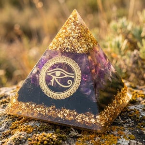 Orgonite Pyramid Eye of Horus – Amethyst & Gold – Energy Protection | Esoteric Decoration 6CM