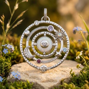 Cosmic Talisman Pendant – Galaxy of Love Amulet | Mystical Sun Moon Star Jewelry | Silver Energy Medallion
