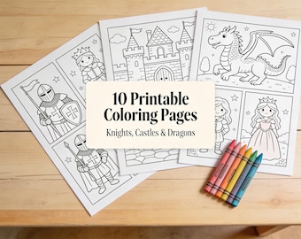 Dibujos para colorear de caballeros medievales para niños | 10 láminas imprimibles | Caballeros, castillos y dragones | Descarga digital en PDF | Edades: 6-8 años
