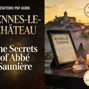 Peut inclure: Une tablette numérique affiche un document intitulé "Rennes-le-Château" avec le texte "The Secrets of Abbé Saunière." Une bougie allumée, une pyramide en cristal et un château au coucher du soleil sont visibles. L'image est étiquetée "Téléchargement PDF instantané" et "20 pages illustrées."