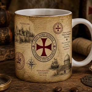 Könnte beinhalten: Ein weißer Keramikbecher mit einem Vintage-Kartenmotiv und einem zentralen roten Kreuzemblem. Der Text lautet Non Nobis Domine Sed Nomini Tuo Da Gloriam, Iervsalem und Hierosolyma Anno Domini M.C.XCIX. Er enthält Illustrationen eines Schiffes und Gebäuden.