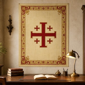 Muurtapijt met Jeruzalemkruis, middeleeuwse banier in rood en ivoor, kruisvaardersheraldiek, historische kasteelmuurdecoratie