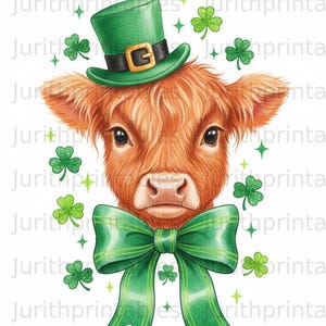 May include: A watercolor illustration of a Highland cow with a green top hat, bow, and shamrocks. The cow has reddish-brown fur and is decorated with St. Patrick's Day symbols. The image has a white background.