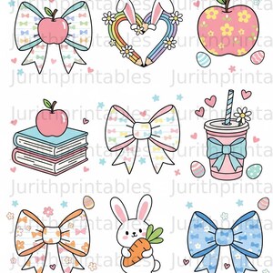 Puede incluir: Una colección de ilustraciones caprichosas con lazos, manzanas, huevos de Pascua, un conejito con una zanahoria y una bebida con pajita. Los diseños incorporan colores pastel, corazones y elementos florales.