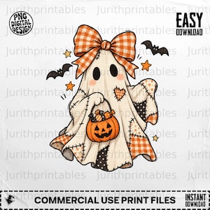 May include: A digital illustration of a ghost wearing a large orange and white checkered bow, holding a jack-o'-lantern candy bucket. The ghost features patchwork patterns, small orange stars, and two black bats. Text includes PNG DIGITAL DESIGN, EASY DOWNLOAD, and COMMERCIAL USE PRINT FILES.