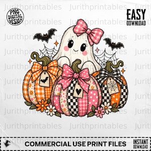 May include: A digital design featuring a white ghost with a pink plaid bow, surrounded by three patterned pumpkins decorated with bows, tags, and flowers. The image includes spiderwebs, small bats, and text reading PNG DIGITAL DESIGN, EASY DOWNLOAD, and COMMERCIAL USE PRINT FILES.