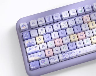 May include: A purple keyboard with pastel colored keys featuring floral and cartoon designs. The keys are labeled with letters, numbers, and symbols. The keyboard has a purple frame and a white background.
