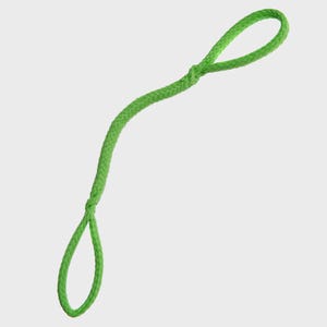 May include: A bright green rope with two loops, one at each end, connected by a braided section. The rope is curved, with a knot near the center. The background is a solid, neutral color.