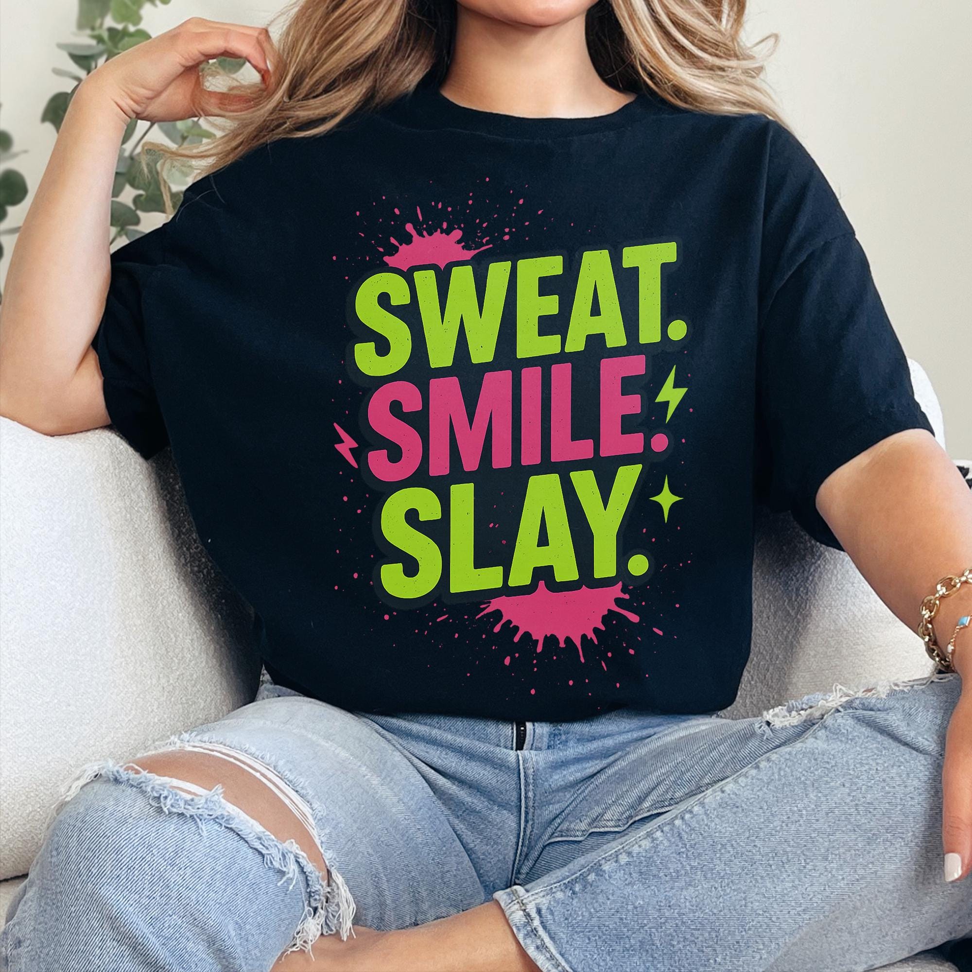 Workout Neon Gym Shirt Sweat Smile Slay Motiverend Workout T-shirt voor koffie- en fitnessliefhebbers Starbuff Top