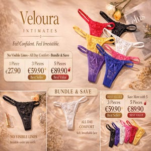 Può includere: Una collezione di perizomi in pizzo in vari colori, tra cui rosso, nero, giallo, viola, blu e bianco. L'immagine include il testo "Veloura Intimates" e "Feel Confident. Feel Irresistible."