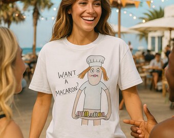 Want A Macaron? Funny Meme T-Shirt Viral Internet Chef Drawing Tee, Surreal Humor Aesthetic Shirt, Weird Gift Idea, Unisex Graphic Tee
