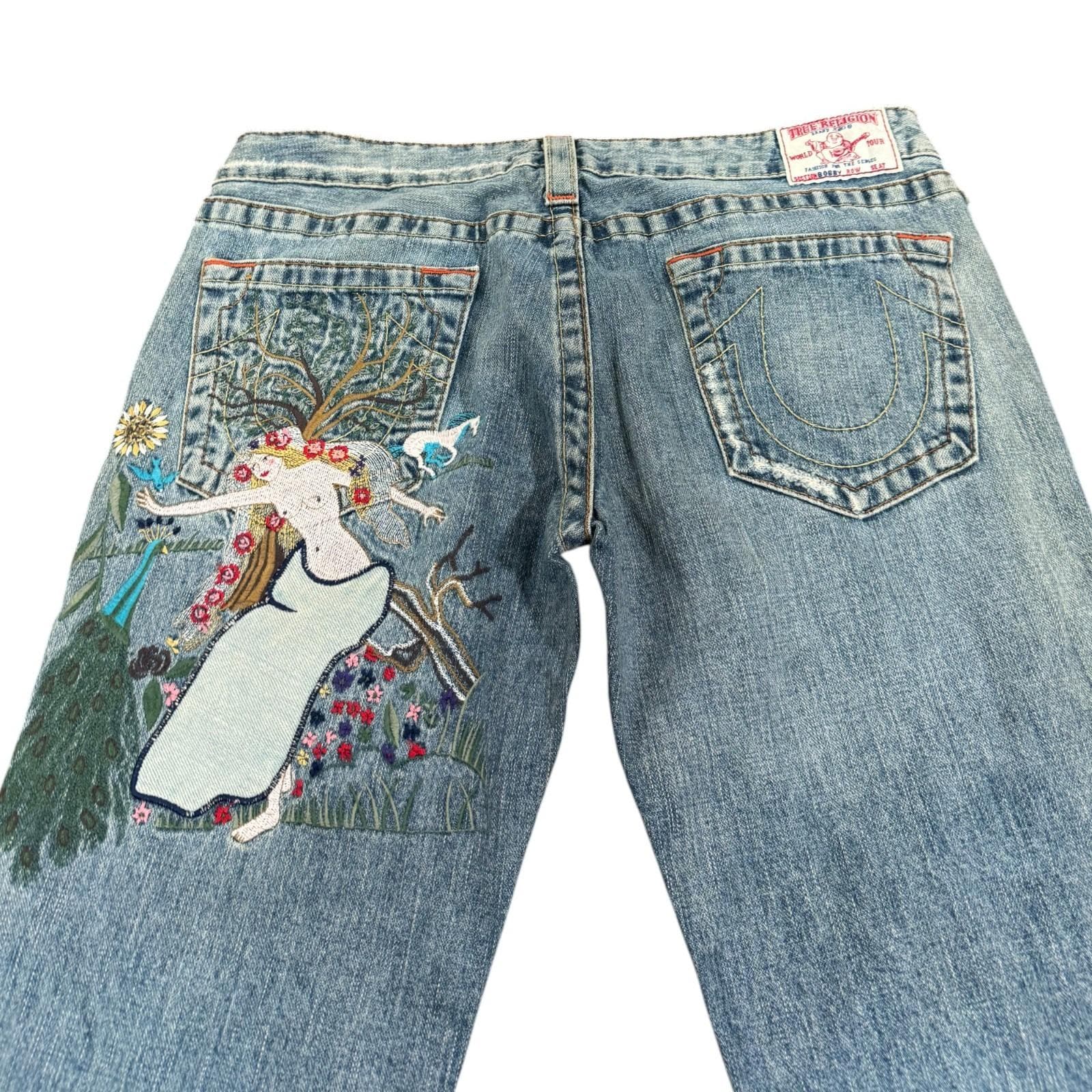 【超激レア/必見】True Religion 刺繍フレアデニム レディゴディバ True Religion Y2K Lady Godiva Flowers Embroidered Low-rise Flared