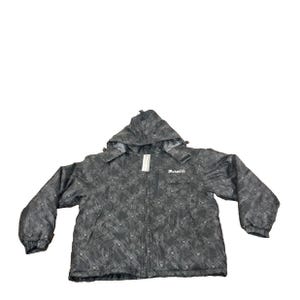 May include: A hooded, black and gray patterned jacket with a zipper closure. The jacket has a small pocket on the chest and the word "Makaveli" is printed on the chest. The jacket is made of a lightweight material.
