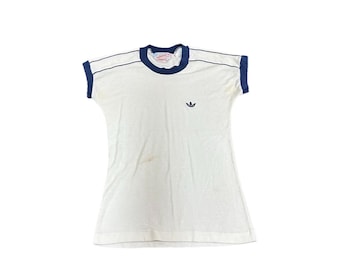 Vintage Adidas Womens T-Shirt White Blue Made In Taiwan 70s 80s 90s Sports Nike