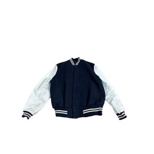 May include: A navy blue varsity jacket with white leather sleeves. The jacket has a button-up front, a ribbed collar, cuffs, and hem with white stripes. A classic style.