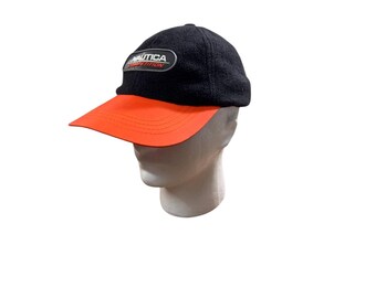 Vintage Nautica Tävlingsfleecehatt Svart Orange Strapback Keps 90-tal Spellout