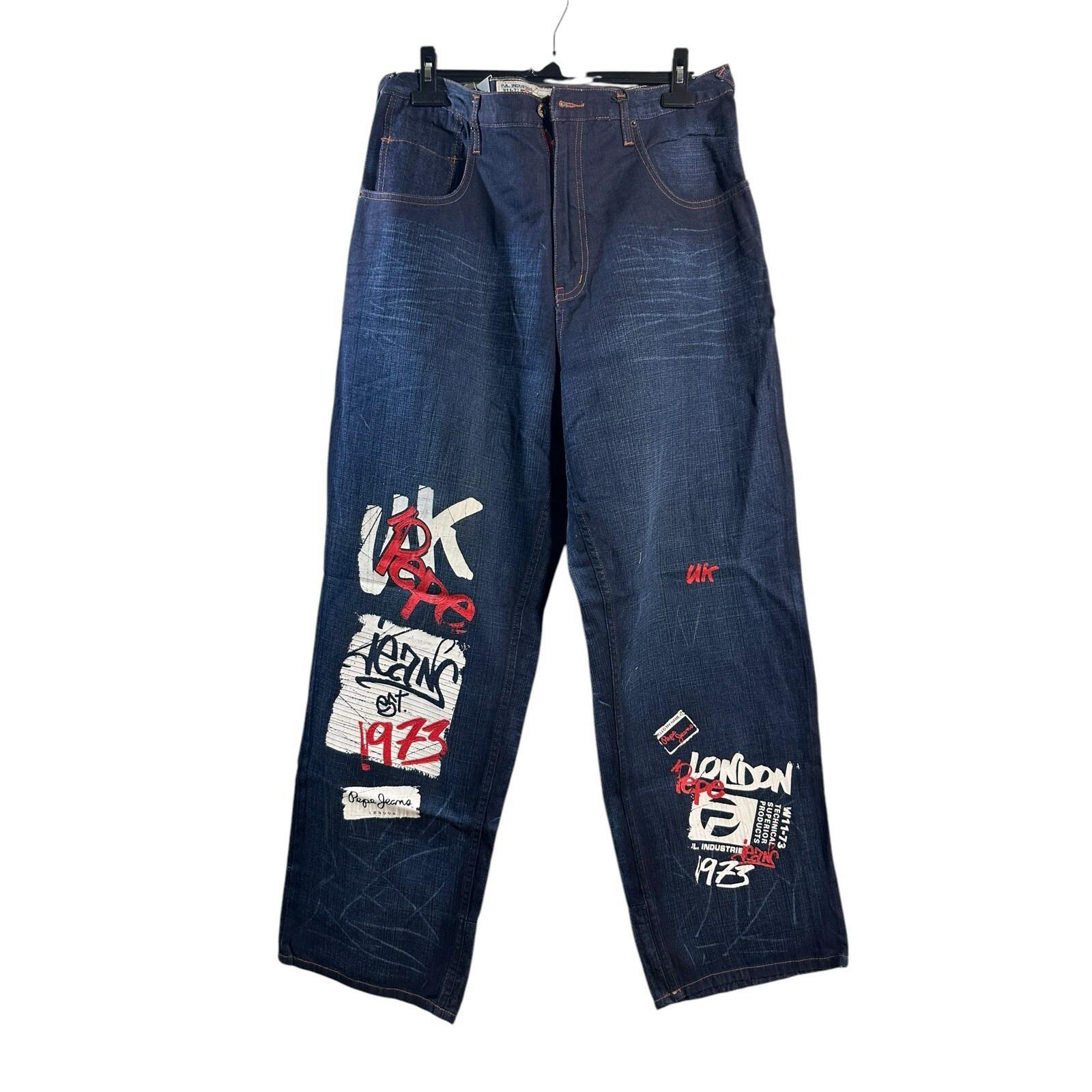 Vintage Pepe London Baggy Denim Jeans Graffiti Red Art Hip Hop 90s 