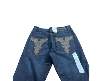 Jeans vintage Pelle Pelle a gamba larga, in denim indaco slavato, stile anni 2000, hip hop, anni '90 e 2000.