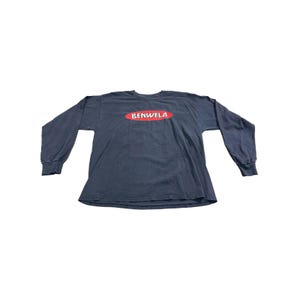 May include: A long-sleeved, dark blue t-shirt with the word "BENWELA" in red, inside a red oval. The shirt is made of a soft material and has ribbed cuffs at the wrists.