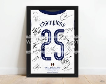 May include: Framed print of a white jersey with the number 25 in navy blue, covered in signatures. The word "champions" is above the number. Below, text reads "FINAL BILBAO 2025" and "Tottenham Hotspur vs Manchester United."