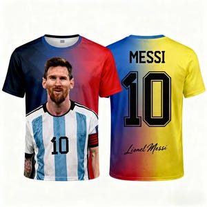 May include: Two t-shirts featuring a soccer player. One shirt has a portrait of the player on the front with the number 10. The other shirt has the name "MESSI" and the number 10 on the back, with "Lionel Messi" below.