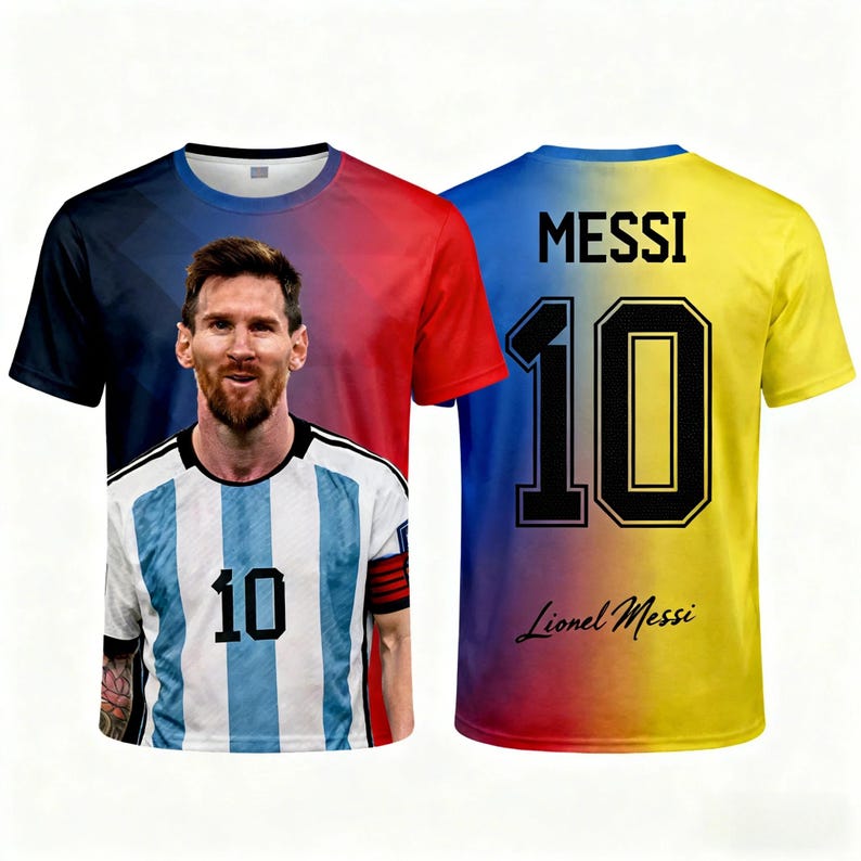 May include: Two t-shirts featuring a soccer player. One shirt has a portrait of the player on the front with the number 10. The other shirt has the name "MESSI" and the number 10 on the back, with "Lionel Messi" below.