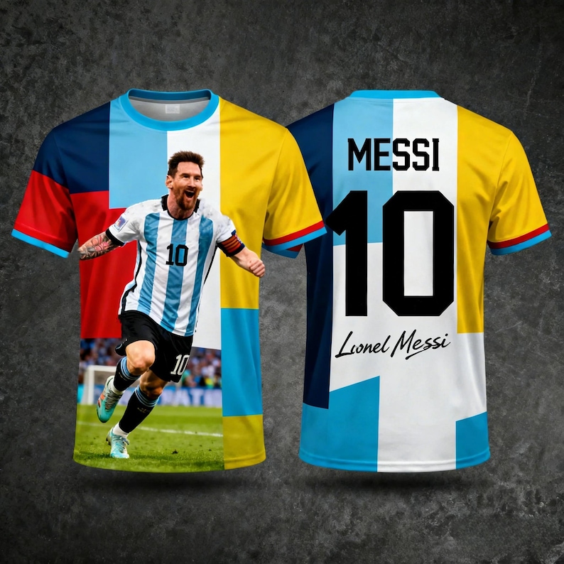May include: A short-sleeved soccer jersey featuring a photo of Lionel Messi. The front of the jersey has a photo of Messi in a white and blue striped jersey with the number 10. The back of the jersey has the name "MESSI" and the number 10.